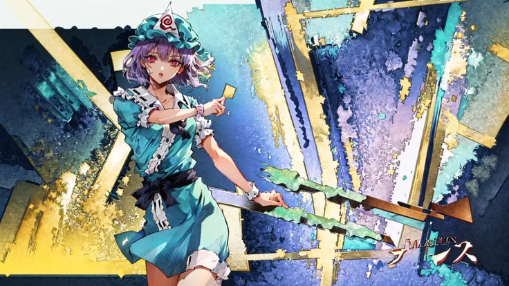 (masterpiece), (best quality), (hires),
saigyouji yuyuko:2|stand \(jojo\), style parody, jojo background, solo, cowboy shot, jojo pose, green theme,female,
<lora:jojostyle-ver-n1:0.9>,(jojos5standintro),