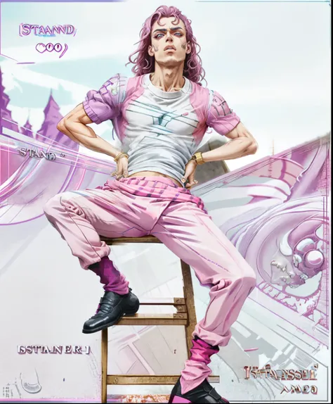 (masterpiece), (best quality), (hires), solo,
(jojos5standintro), style parody,stand \(jojo\),solo, jojo background,pink theme,blocks,
<lora:jojostyle-ver-n1:1>
