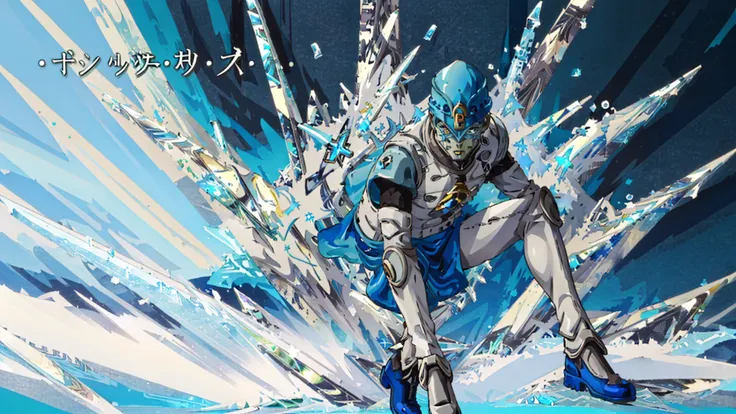 (masterpiece), (best quality), (hires),
jojos5standintro, ICE|stand \(jojo\), style parody, jojo background, (solo:1.5), jojo pose,blue theme,
<lora:jojostyle-ver-s1:0.6>,