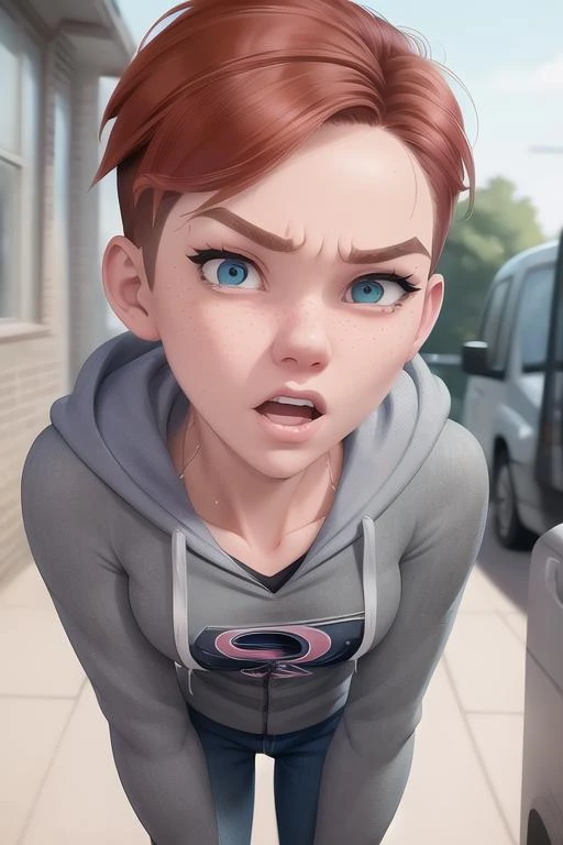 <lora:gwenStacy_v1:1> gwen stacy, undercut, gap teeth, serious face, hoodie, proportional eyes, (realistic:1.5), extremely detailed, hyper detailed, soft lighting, detailed background, extreme detail background, sharp details, beautiful face, symmetrical eyes, short red hair, short hair, red hair, green eyes, woman, high quality, (full body:1.3),