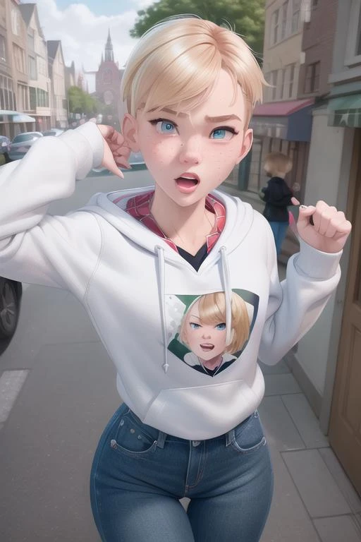 <lora:gwenStacy_v1:1> gwen stacy, undercut, gap teeth, hoodie, blond hair, dutch angle, dancing, proportional eyes, (realistic:1.5), extremely detailed, hyper detailed, soft lighting, detailed background, extreme detail background, sharp details, beautiful face, symmetrical eyes, short red hair, short hair, red hair, green eyes, woman, high quality, (full body:1.3),