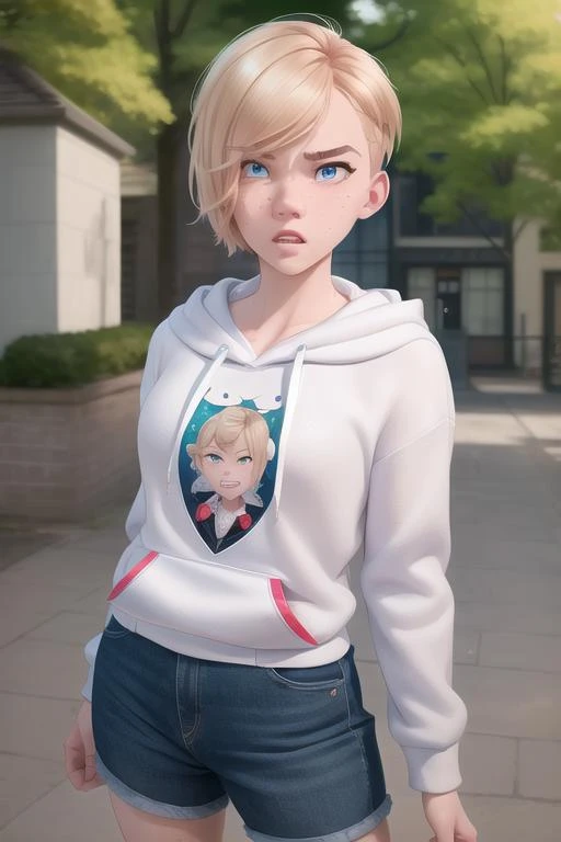 <lora:gwenStacy_v1:1> gwen stacy, undercut, gap teeth, serious face, hoodie, blond hair, dutch angle, proportional eyes, (realistic:1.5), extremely detailed, hyper detailed, soft lighting, detailed background, extreme detail background, sharp details, beautiful face, symmetrical eyes, short red hair, short hair, red hair, green eyes, woman, high quality, (full body:1.3),