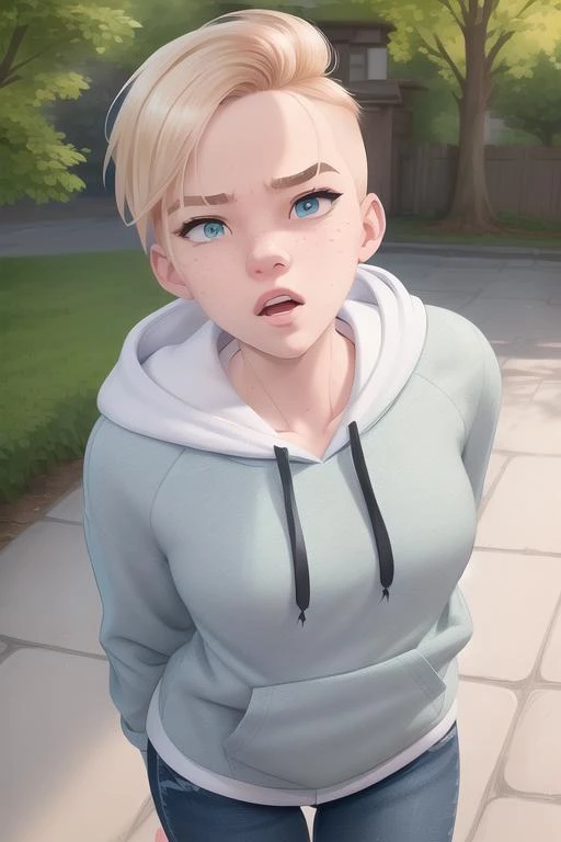 <lora:gwenStacy_v1:1> gwen stacy, undercut, gap teeth, serious face, hoodie, blond hair, dutch angle, proportional eyes, (realistic:1.5), extremely detailed, hyper detailed, soft lighting, detailed background, extreme detail background, sharp details, beautiful face, symmetrical eyes, short red hair, short hair, red hair, green eyes, woman, high quality, (full body:1.3),