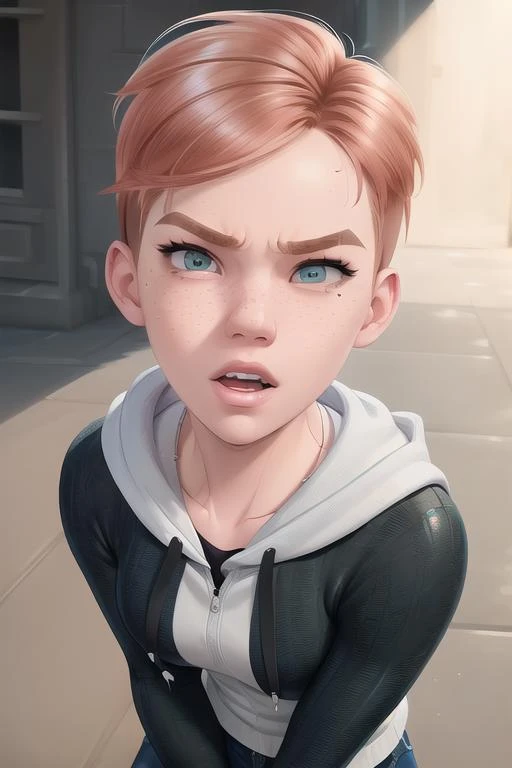 <lora:gwenStacy_v1:1> gwen stacy, undercut, gap teeth, serious face, hoodie, proportional eyes, (realistic:1.5), extremely detailed, hyper detailed, soft lighting, detailed background, extreme detail background, sharp details, beautiful face, symmetrical eyes, short red hair, short hair, red hair, green eyes, woman, high quality, (full body:1.3),