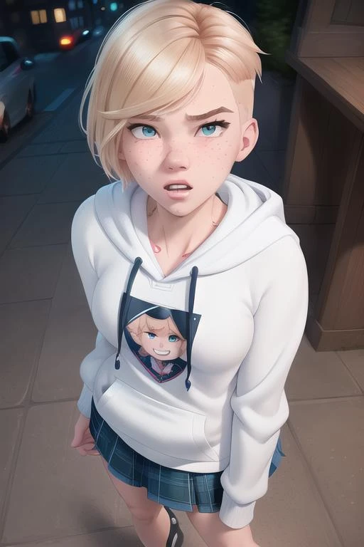<lora:gwenStacy_v1:1> gwen stacy, undercut, gap teeth, serious face, hoodie, blond hair, dutch angle, proportional eyes, (realistic:1.5), extremely detailed, hyper detailed, soft lighting, detailed background, extreme detail background, sharp details, beautiful face, symmetrical eyes, short red hair, short hair, red hair, green eyes, woman, high quality, (full body:1.3),