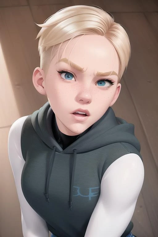 <lora:gwenStacy_v1:1> gwen stacy, undercut, gap teeth, serious face, hoodie, blond hair, proportional eyes, (realistic:1.5), extremely detailed, hyper detailed, soft lighting, detailed background, extreme detail background, sharp details, beautiful face, symmetrical eyes, short red hair, short hair, red hair, green eyes, woman, high quality, (full body:1.3),
