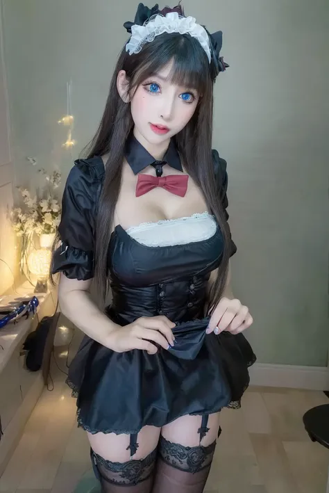 ultra realistic 8k, RAW photo, masterpiece:1.2, best quality, ultra high res, (photorealistic:1.6),(realistic, photo-realistic:1.6), 1girl,  deep blue eyes, long eyelashes, maid headdress, maid, full body,  black thighhighs, standing, <lora:zhouwenwen:1>