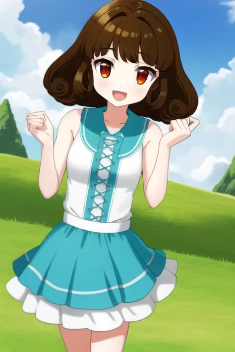 1 girl, solo, pose, open mouth, red eyes, masterpieces, high quality, brown hair <lora:vera-TalesRunner:0.65>
