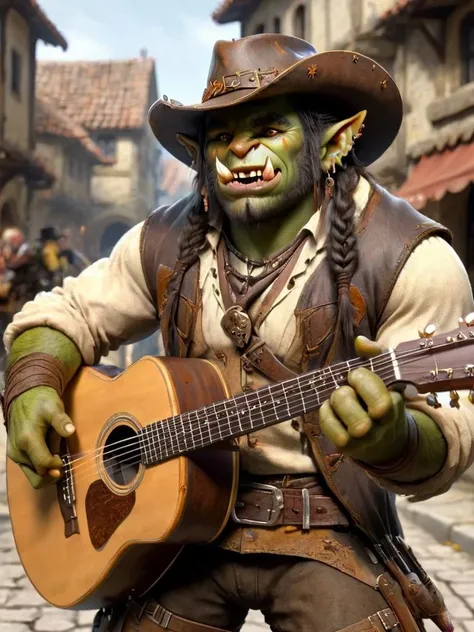wowrcs, orc bard, bard outfit, playing a guitar, in the streets, singing, happy face, waring a cowboy hat, holding a guitar, braids, marketplace with orcs in the background, daylight <lora:wowrcs-sdxl:1>