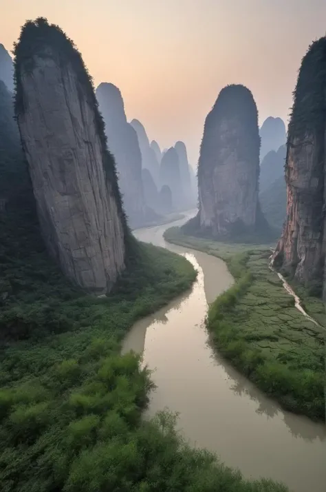 , <lora:kuangcao:0.5> kuangcao,, swamp valley surrounded by high rocky cliffs, 
dawn,
dawn,