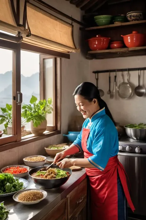 Middle Age Woman、Cooking、White hat for cooking、Brown apron、Wearing a white mask、Smiling、Precision Photography、４K image
