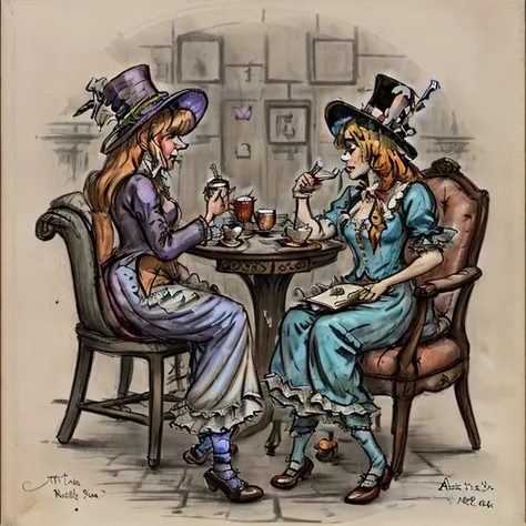 mad hatter chatting with Alice at the teaaprty, detailed <lyco:DonMZ1ll3:0.8>