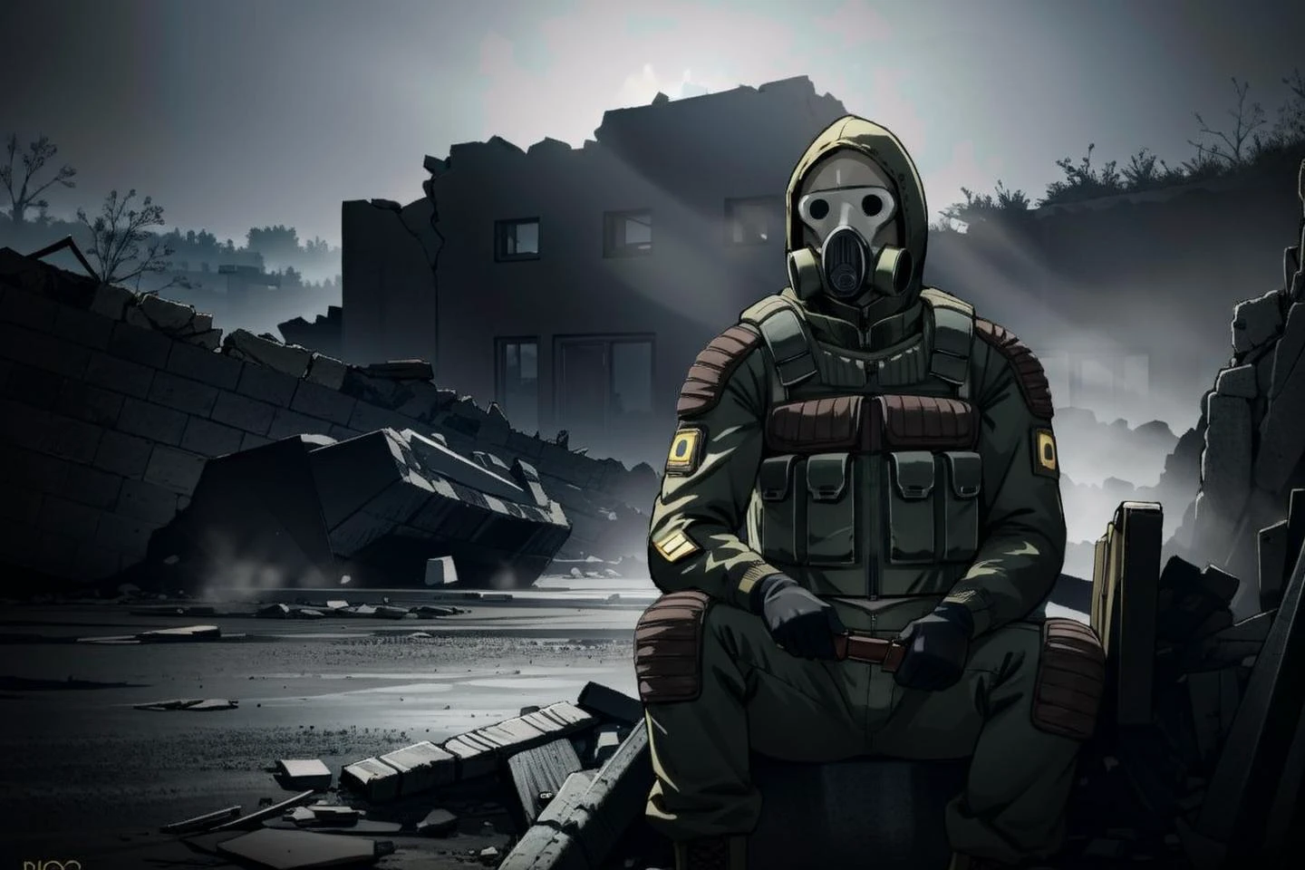 gas mask whith vizor, mask, man, sunrise suit, military , clothing , chest rig , hood, gloves, sitting, (boots:0.9), <lora:СÑалкеÑ:1>, (destroyed buildings), (on streets), epic realistic, (anime), (illustration), cartoon, (solo), day, , faded, (neutral colors:1.2), (hdr:1.4), (muted colors:1.2), cinematic, warm lights, complex background, (dark shot:1.1), (full body:0.3) <lora:more_details:0.2> <lora:LowRA_v2:0.1>