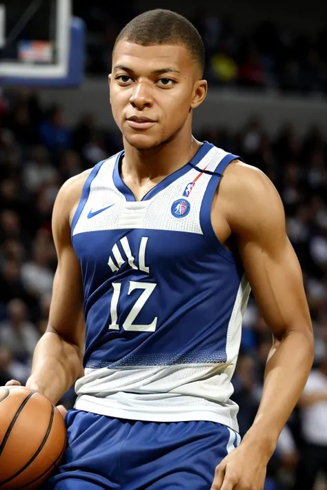 mbappe, a man playing basketball, blurry background, sleeveless basketball shirt, nba <lora:mbappe:1>