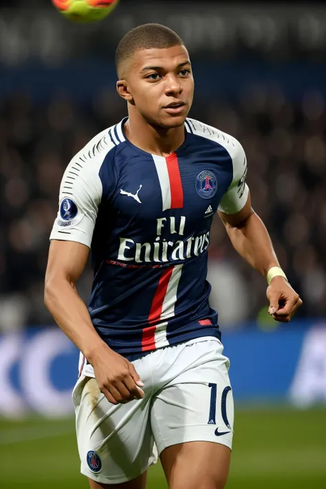 mbappe, a man playing soccer, psg shirt,paris saint germain <lora:mbappe:0.8>