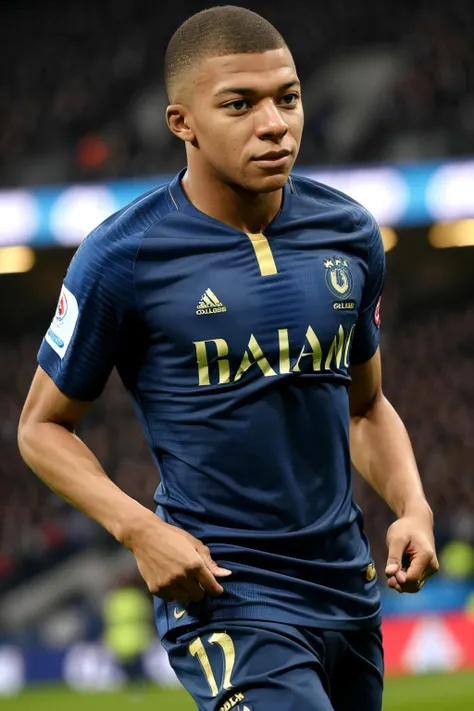 mbappe, a man playing soccer, french national team shirt, (dark blue and golden shirt:1.2) <lora:mbappe:0.8>