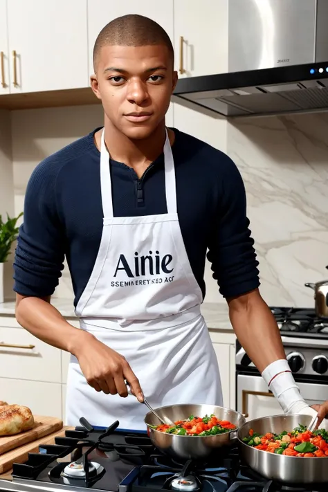 mbappe, a man, <lora:mbappe:1>, cooking some food in the kitchen