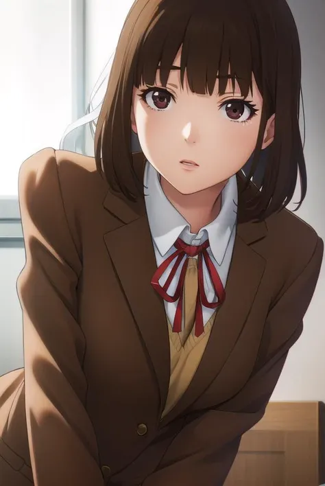 chiyokurihara, <lora:chiyo kurihara s1-lora-nochekaiser:1>,
chiyo kurihara, brown hair, (brown eyes:1.5), short hair, bangs, blunt bangs,
BREAK ribbon, school uniform, jacket, red ribbon, neck ribbon, blazer,
BREAK indoors, classroom, school,
BREAK looking at viewer, (cowboy shot:1.5),
BREAK <lyco:GoodHands-beta2:1>, (masterpiece:1.2), best quality, high resolution, unity 8k wallpaper, (illustration:0.8), (beautiful detailed eyes:1.6), extremely detailed face, perfect lighting, extremely detailed CG, (perfect hands, perfect anatomy),