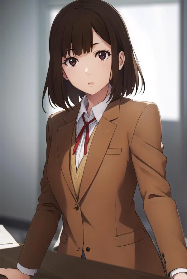 chiyokurihara, <lora:chiyo kurihara s1-lora-nochekaiser:1>,
chiyo kurihara, brown hair, (brown eyes:1.5), short hair, bangs, blunt bangs,
BREAK ribbon, school uniform, jacket, red ribbon, neck ribbon, blazer,
BREAK indoors, classroom, school,
BREAK looking at viewer, (cowboy shot:1.5),
BREAK <lyco:GoodHands-beta2:1>, (masterpiece:1.2), best quality, high resolution, unity 8k wallpaper, (illustration:0.8), (beautiful detailed eyes:1.6), extremely detailed face, perfect lighting, extremely detailed CG, (perfect hands, perfect anatomy),