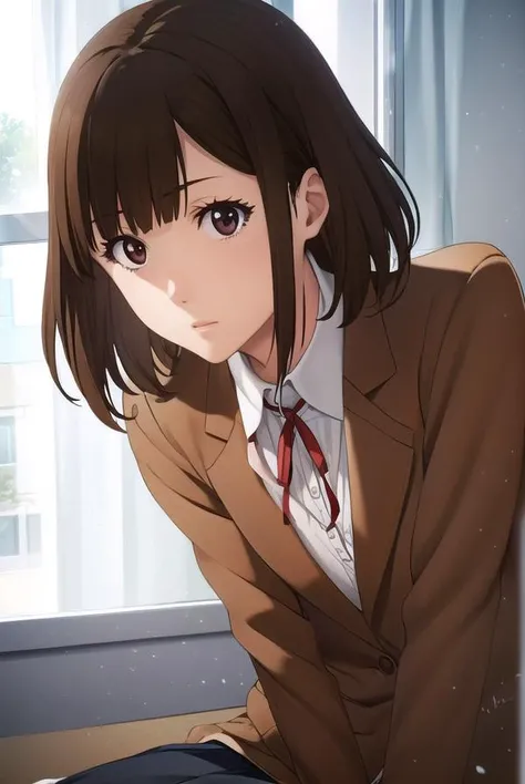 chiyokurihara, <lora:chiyo kurihara s1-lora-nochekaiser:1>,
chiyo kurihara, brown hair, (brown eyes:1.5), short hair, bangs, blunt bangs,
BREAK ribbon, school uniform, jacket, red ribbon, neck ribbon, blazer,
BREAK indoors, classroom, school,
BREAK looking at viewer, (cowboy shot:1.5),
BREAK <lyco:GoodHands-beta2:1>, (masterpiece:1.2), best quality, high resolution, unity 8k wallpaper, (illustration:0.8), (beautiful detailed eyes:1.6), extremely detailed face, perfect lighting, extremely detailed CG, (perfect hands, perfect anatomy),