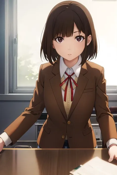 chiyokurihara, <lora:chiyo kurihara s1-lora-nochekaiser:1>,
chiyo kurihara, brown hair, (brown eyes:1.5), short hair, bangs, blunt bangs,
BREAK ribbon, school uniform, jacket, red ribbon, neck ribbon, blazer,
BREAK indoors, classroom, school,
BREAK looking at viewer, (cowboy shot:1.5),
BREAK <lyco:GoodHands-beta2:1>, (masterpiece:1.2), best quality, high resolution, unity 8k wallpaper, (illustration:0.8), (beautiful detailed eyes:1.6), extremely detailed face, perfect lighting, extremely detailed CG, (perfect hands, perfect anatomy),