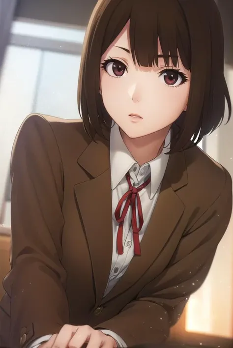 chiyokurihara, <lora:chiyo kurihara s1-lora-nochekaiser:1>,
chiyo kurihara, brown hair, (brown eyes:1.5), short hair, bangs, blunt bangs,
BREAK ribbon, school uniform, jacket, red ribbon, neck ribbon, blazer,
BREAK indoors, classroom, school,
BREAK looking at viewer, (cowboy shot:1.5),
BREAK <lyco:GoodHands-beta2:1>, (masterpiece:1.2), best quality, high resolution, unity 8k wallpaper, (illustration:0.8), (beautiful detailed eyes:1.6), extremely detailed face, perfect lighting, extremely detailed CG, (perfect hands, perfect anatomy),
