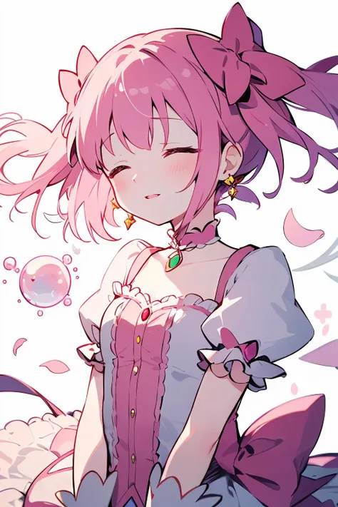 1girl,solo,breasts,short hair,skirt,simple background,gloves,white background,dress,bow,ribbon,jewelry,closed mouth,collarbone,closed eyes,hair ribbon,upper body,pink hair,short sleeves,earrings,small breasts,frills,parted lips,choker,puffy sleeves,shiny,white gloves,shiny hair,puffy short sleeves,eyelashes,sparkle,floating hair,rose,light smile,short twintails,frilled sleeves,light particles,backlighting,pink ribbon,light blush,v arms,arms at sides,pink theme,bubble skirt,pink choker,soul gem,kaname madoka,magical girl,<lora:lbc_xiaoyuan:0.5>,