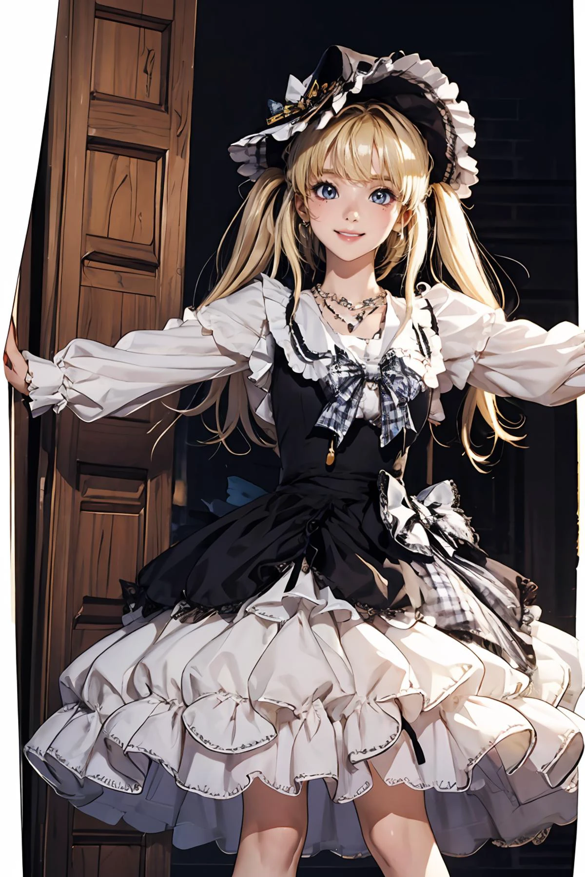 8k high quality detailed,highres,anime,comic,detailed image,
(an illustration of a age girl posing,(an illustration of girl,teengirl)),(magazine_illustration),
(,twintails,1girl,blonde hair,bangs,long_hair,necklace,earrings,medium breasts),((Pleased Smile):0.8),detailed_face,
((Crouching with arms outstretched, imitating a bird in flight, showing playfulness,):0.8),
((, cyb dress,long sleeves,hat,headwear,frilled dress,layered dress,frills,bow,plaid bow):0.85),(,realistic clothing texture,realistic_skin_texture),<lora:Karina:0.55>,<lora:lo_dress_vol3_style2_v1:0.5>,<lora:more_details:0.2>