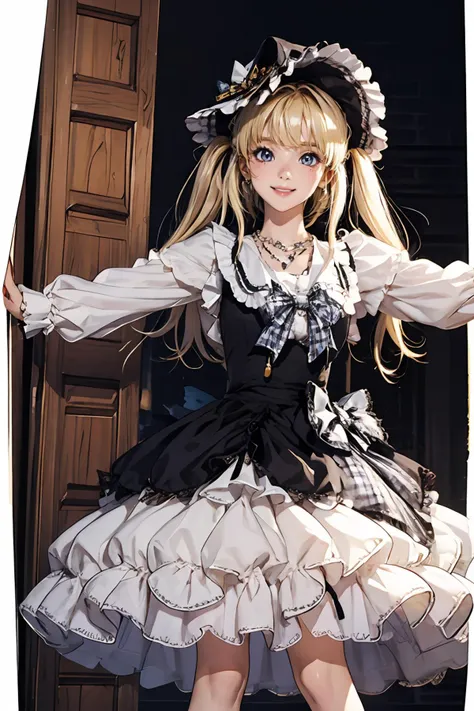 8k high quality detailed,highres,anime,comic,detailed image,
(an illustration of a teenage girl posing,(an illustration of girl,teenage girl)),(magazine_illustration),
(,twintails,1girl,blonde hair,bangs,long_hair,necklace,earrings,medium breasts),((Pleased Smile):0.8),detailed_face,
((Crouching with arms outstretched, imitating a bird in flight, showing playfulness,):0.8),
((, cyb dress,long sleeves,hat,headwear,frilled dress,layered dress,frills,bow,plaid bow):0.85),(,realistic clothing texture,realistic_skin_texture),<lora:Karina:0.55>,<lora:lo_dress_vol3_style2_v1:0.5>,<lora:more_details:0.2>