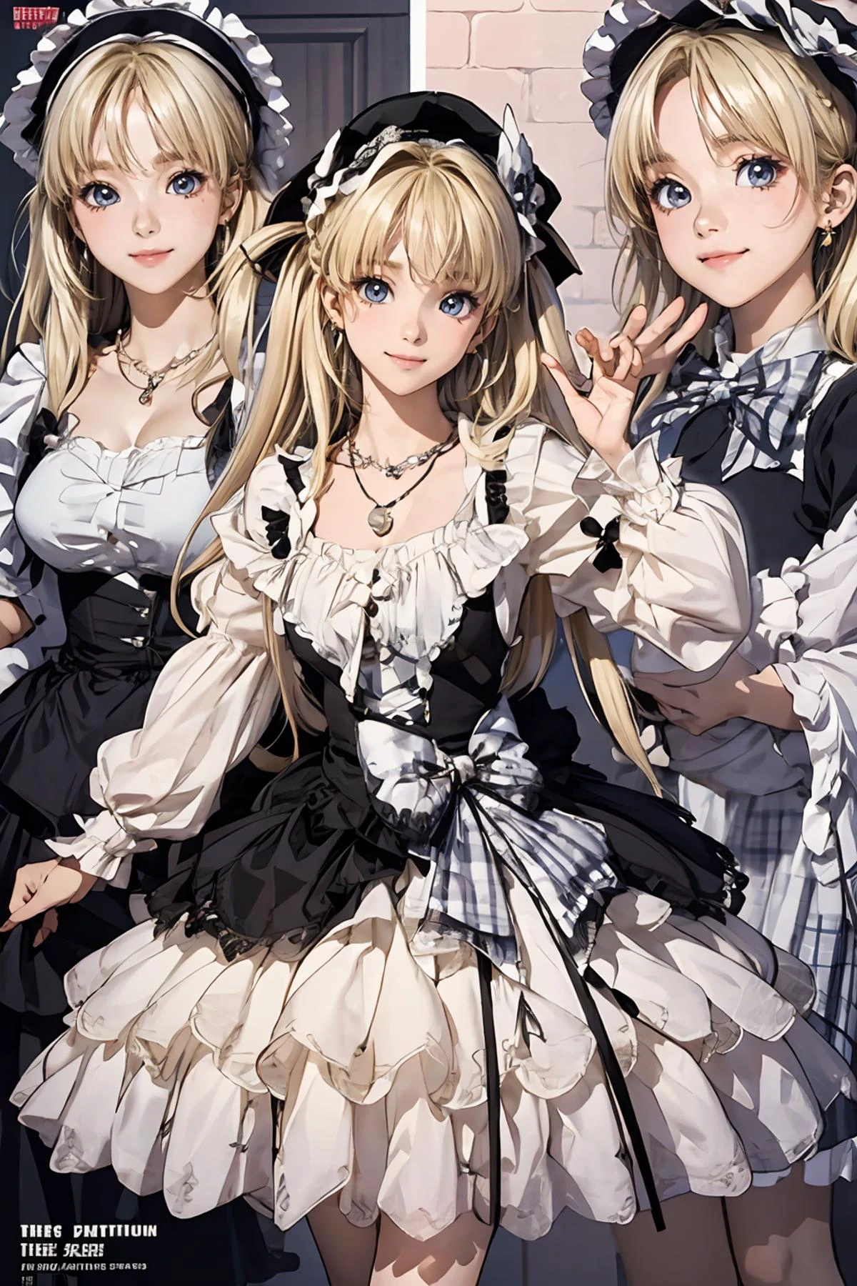 8k high quality detailed,highres,anime,comic,detailed image,
(an illustration of a age girl posing,(an illustration of girl,teengirl)),(magazine_illustration),
(,twintails,1girl,blonde hair,bangs,long_hair,necklace,earrings,medium breasts),((Mysterious Smile):0.8),detailed_face,
((ballet arabesque):0.8),
((, cyb dress,long sleeves,hat,headwear,frilled dress,layered dress,frills,bow,plaid bow):0.85),(,realistic clothing texture,realistic_skin_texture),<lora:Karina:0.55>,<lora:lo_dress_vol3_style2_v1:0.5>,<lora:more_details:0.2>