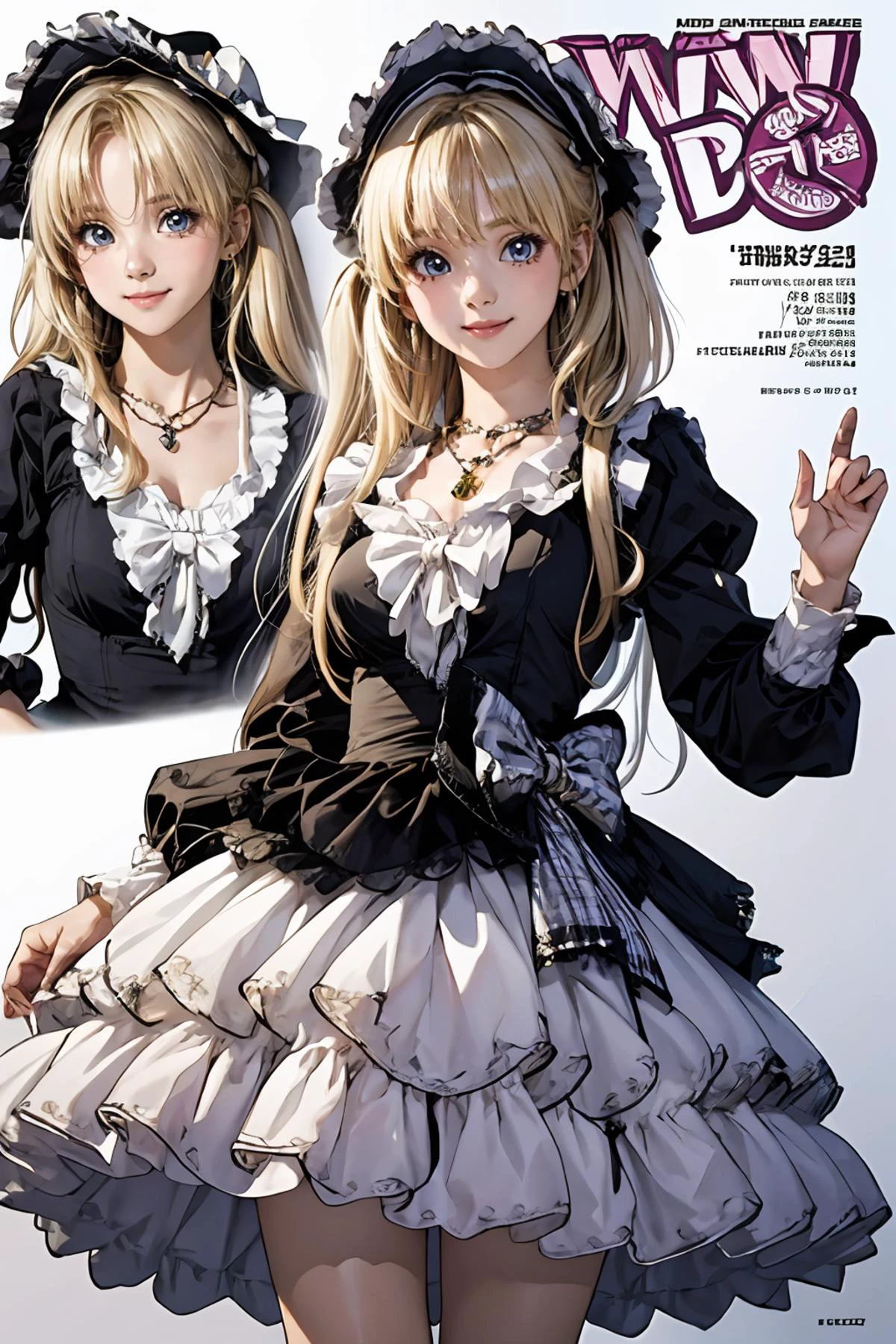 8k high quality detailed,highres,anime,comic,detailed image,
(an illustration of a age girl posing,(an illustration of girl,teengirl)),(magazine_illustration),
(,twintails,1girl,blonde hair,bangs,long_hair,necklace,earrings,medium breasts),((Cheerful Smile):0.8),detailed_face,
((looking at another):0.8),
((, cyb dress,long sleeves,hat,headwear,frilled dress,layered dress,frills,bow,plaid bow):0.85),(,realistic clothing texture,realistic_skin_texture),<lora:Karina:0.55>,<lora:lo_dress_vol3_style2_v1:0.5>,<lora:more_details:0.2>