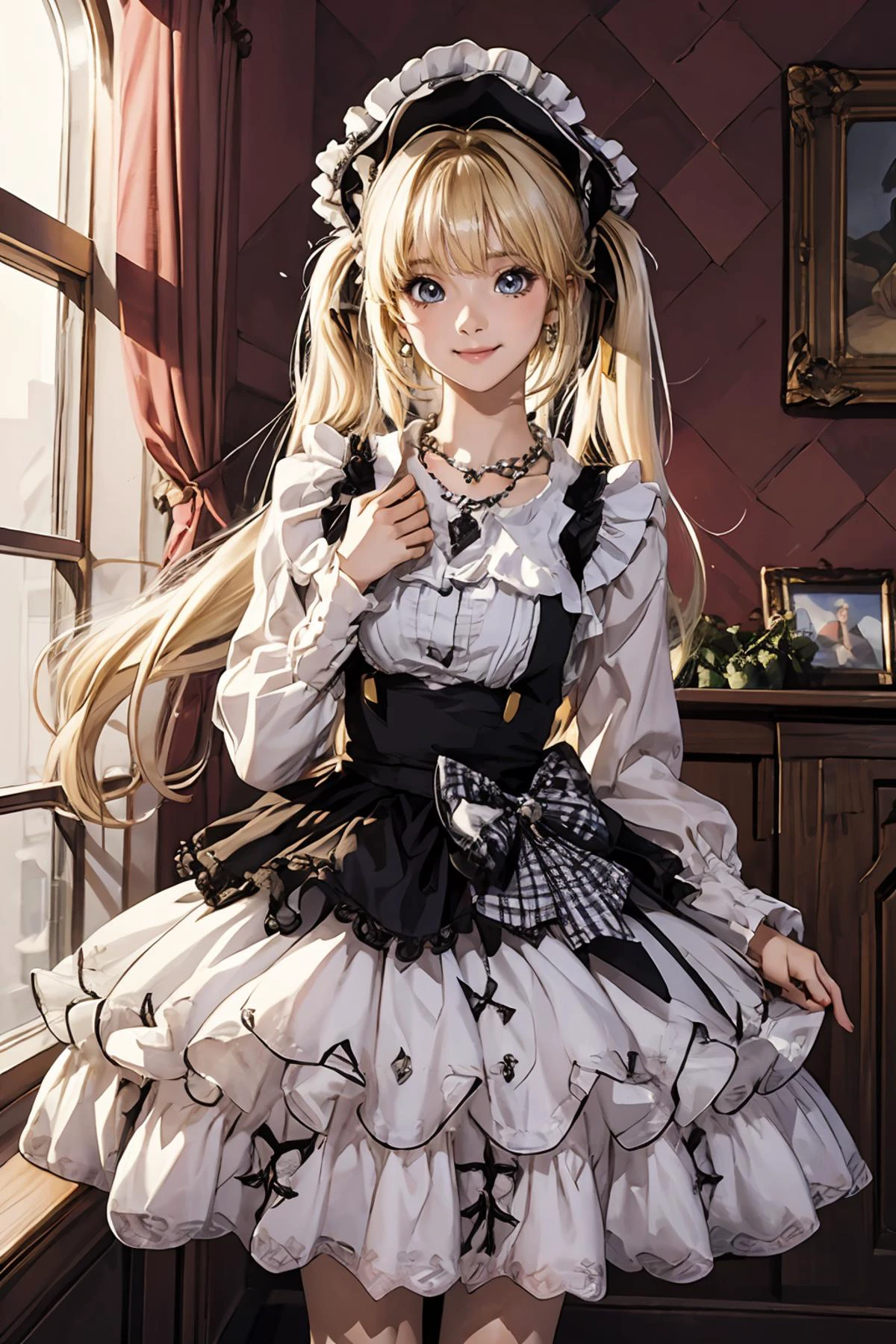 8k high quality detailed,highres,anime,comic,detailed image,
(an illustration of a age girl posing,(an illustration of girl,teengirl)),(magazine_illustration),
(,twintails,1girl,blonde hair,bangs,long_hair,necklace,earrings,medium breasts),((Tender Smile):0.8),detailed_face,
((oral invitation):0.8),
((, cyb dress,long sleeves,hat,headwear,frilled dress,layered dress,frills,bow,plaid bow):0.85),(,realistic clothing texture,realistic_skin_texture),<lora:Karina:0.55>,<lora:lo_dress_vol3_style2_v1:0.5>,<lora:more_details:0.2>
