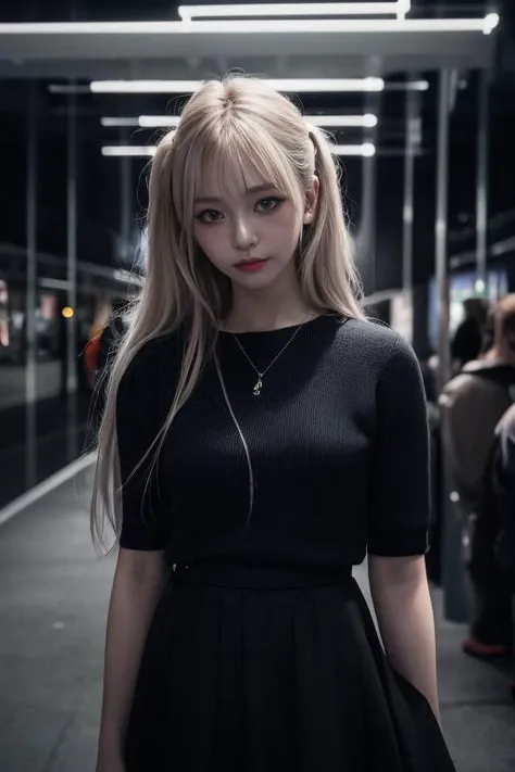 twintails, a girl standing alone, corridor, unlit transit station, dark night, film grain, depth of field, analog film style, vivid color, 1girl, upper body,
(looking at the viewer:1.2),
long hair, blond, plaid skirt, fog, (night, dark, dark photo, grainy, dimly lit:1.3), best quality, high quality, (realistic), (absurdres:1.2), UHD, ultrarealistic, noise<lora:JPfilmColor_Heavy_grain:0.85>
<lora:Karina:0.6> <lora:Blacklight_v1:0.45> <lora:LowRA:0.5>