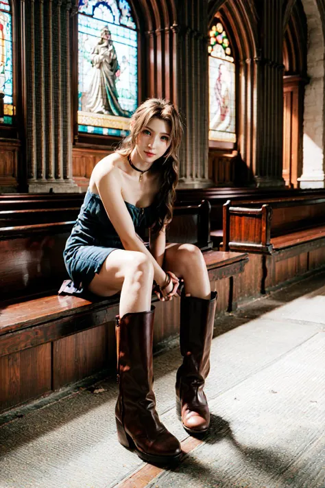 <lora:MIAOKA_Aerith:0.8>, ((aerith gainsborough, choker, hair bow, bracelet, sidelocks, parted bangs, braid)):1.24, fight stance,
BREAK 1woman, adorable, clear face, solo, ((full body)):1.33, ((a woman wear a clear glasses, detailed glasses)):1.2,
BREAK perfect(anatomy,body,face,hand,leg,foot,fingers), ((multicolor brown hairs, very long hairs, green eyes):1.23, cleavage),
BREAK soft light, light on face, cinematic lighting, dynamic(angle, elegant posture), detailed(shadow, lightning),
BREAK beautiful detailed woman, glossy pink lips, ((milky skin, shiny skin)), makeup, blush,eyeliner, eyeshadow, eyelashes, textured skin, collarbone, perfect skin,
BREAK <lora:more_details:0.73>, extremely detailed, CG, finely detail, (masterpiece, best quality):2.0, (intricate details, depth of field),
BREAK <lora:uber_saggy2:0.67>, saggy, sagging_breasts, ((huge breasts)),
(indoors), ((flowers grow on floor, church with damaged roof, detailed beautiful church)), cozy, <lora:FinalFantasy_FemaleMonk:0.7>, (MonkFFT, muscular female, strapless, bare shoulders, blue unitard, gauntlets, boots,):1.2,