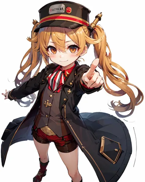 masterpiece, best quality, aoliwei \(zhifu\),1girl, solo, twintails,long hair,black headwear,hat,jacket,smile,closed mouth,blush,pointing at viewer,shorts,standing,from above,Simple background