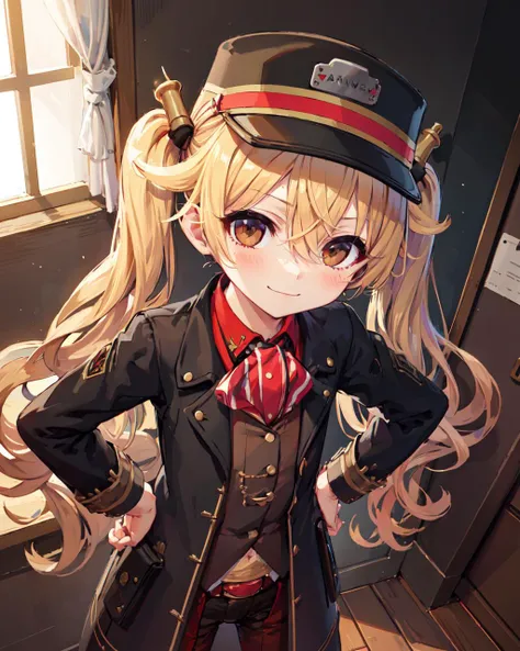 masterpiece, best quality, aoliwei \(zhifu\),1girl, solo, twintails,long hair,black headwear,smile,closed mouth,blush,viewer,standing,hands on hips,indoor,window,