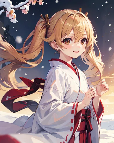 masterpiece, best quality, 1girl, solo, twintails,long hair,(white japanese clothes),outdoor,plum blossoms,snow,brown eyes,smile,