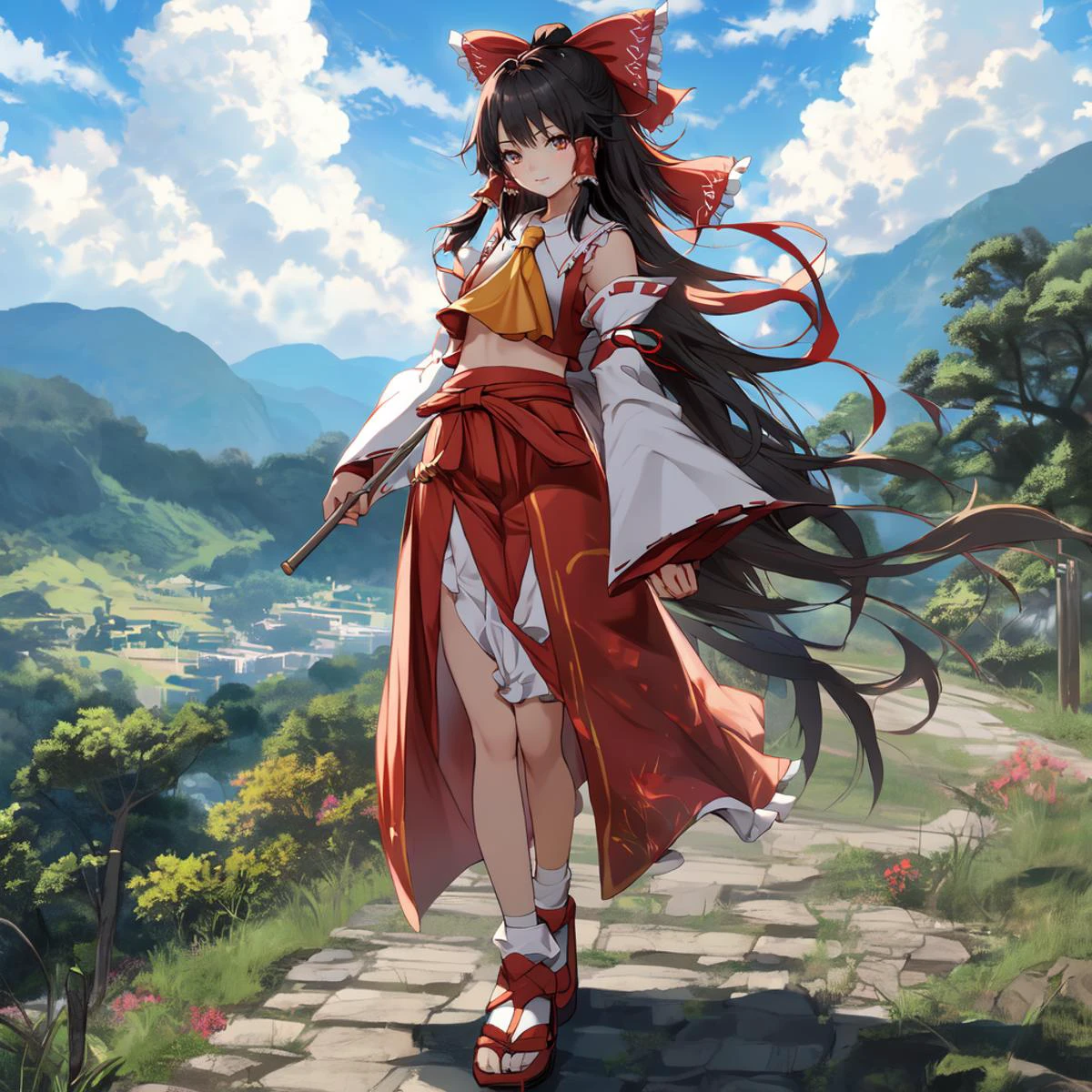 masterpiece, best quality, illustration, <lora:midjourney_20230624181825:0.9> midjourney, 1girl, solo, standing, empty hands, (((long shot, full body portrait))), smiling, black hair, red eyes, <lora:Reimu_V1:1> ((hakurei reimu)), (red skirt, red shirt, long sleeves, navel, bare shoulders, hair bow, frills, wide sleeves, detached sleeves, hair tubes, yellow ascot), grass, trees, mountains, blue sky, clouds, day