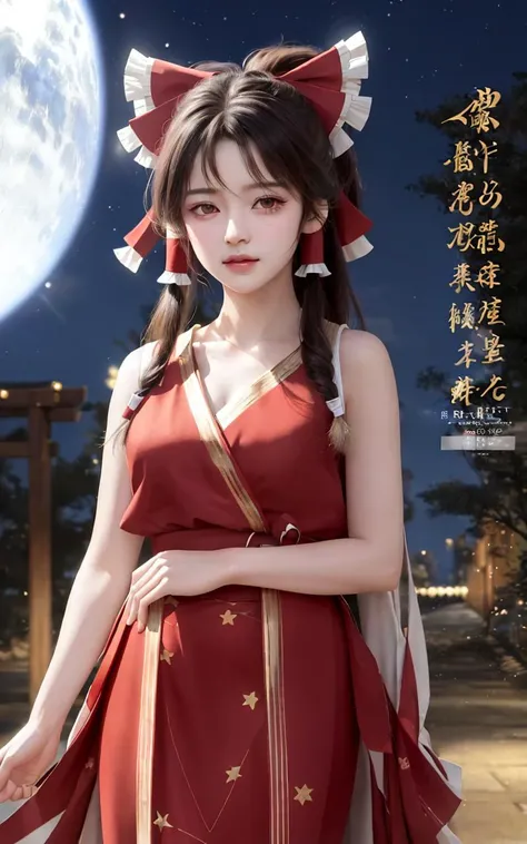 (masterpiece, best quality, ultra-detailed, highres:1.2), cinematic, cgi, photorealistic,
1girl, pretty, idol, (Hakurei Reimu:1.25), blush, natural skin texture, brown eyes,
intricate eyes, heavy eye makeup, posture, fighting, danmaku, magic, stylish clothes, dress,
highly detailed background, cyberpunk, city, street, night, stars, modern, futuristic, neon lights,
