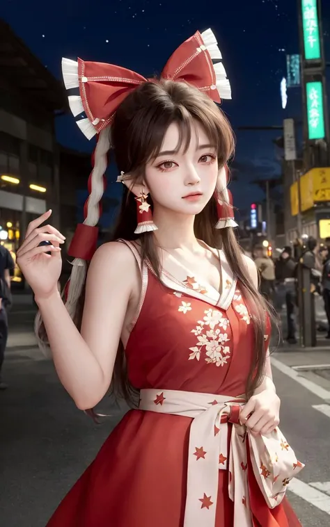 (masterpiece, best quality, ultra-detailed, highres:1.2), cinematic, cgi, photorealistic,
1girl, pretty, idol, (Hakurei Reimu:1.25), blush, natural skin texture, brown eyes,
intricate eyes, heavy eye makeup, posture, fighting, danmaku, magic, stylish clothes, dress,
highly detailed background, cyberpunk, city, street, night, stars, modern, futuristic, neon lights,