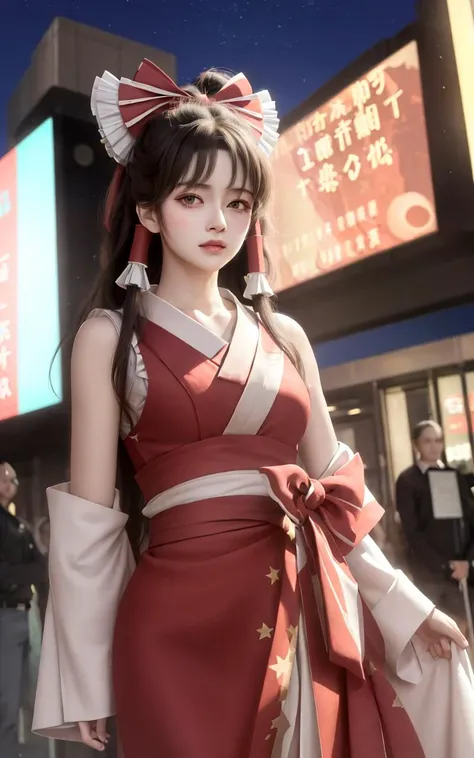(masterpiece, best quality, ultra-detailed, highres:1.2), cinematic, cgi, photorealistic,
1girl, pretty, idol, (Hakurei Reimu:1.25), blush, natural skin texture, brown eyes,
intricate eyes, heavy eye makeup, posture, fighting, danmaku, magic, stylish clothes, dress,
highly detailed background, cyberpunk, city, street, night, stars, modern, futuristic, neon lights,