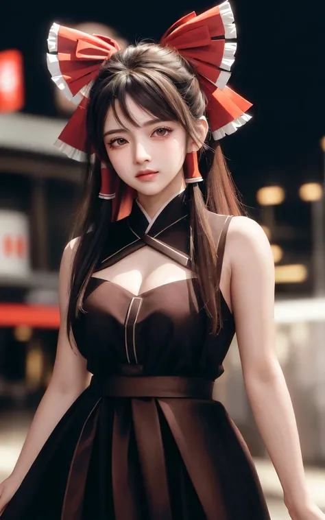 (masterpiece, best quality, ultra-detailed, highres:1.2), cinematic, cgi, photorealistic,
1girl, pretty, idol, (Hakurei Reimu:1.25), blush, natural skin texture, brown eyes,
intricate eyes, heavy eye makeup, posture, fighting, danmaku, magic, stylish clothes, dress,
highly detailed background, cyberpunk, city, street, night, stars, modern, futuristic, neon lights,