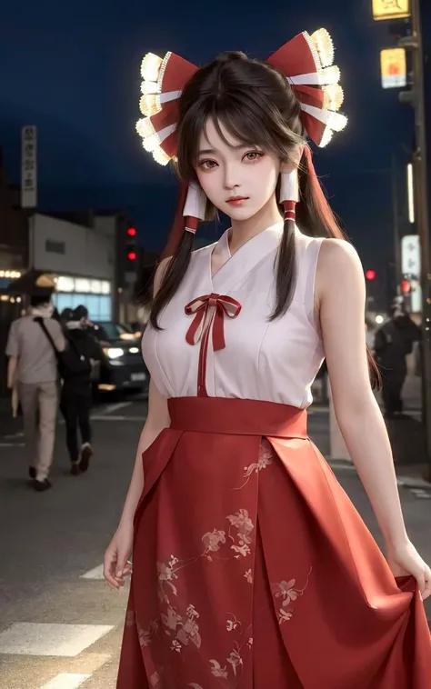 (masterpiece, best quality, ultra-detailed, highres:1.2), cinematic, cgi, photorealistic, 
1girl, pretty, idol, (Hakurei Reimu:1.25), blush, natural skin texture, brown eyes, 
intricate eyes, heavy eye makeup, posture, fighting, danmaku, magic, stylish clothes, dress, 
highly detailed background, cyberpunk, city, street, night, stars, modern, futuristic, neon lights,
