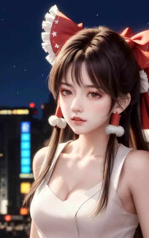 (masterpiece, best quality, ultra-detailed, highres:1.2), cinematic, cgi, photorealistic, 
1girl, pretty, idol, (Hakurei Reimu:1.25), blush, natural skin texture, brown eyes, 
intricate eyes, heavy eye makeup, posture, fighting, danmaku, magic, stylish clothes, dress, 
highly detailed background, cyberpunk, city, street, night, stars, modern, futuristic, neon lights,