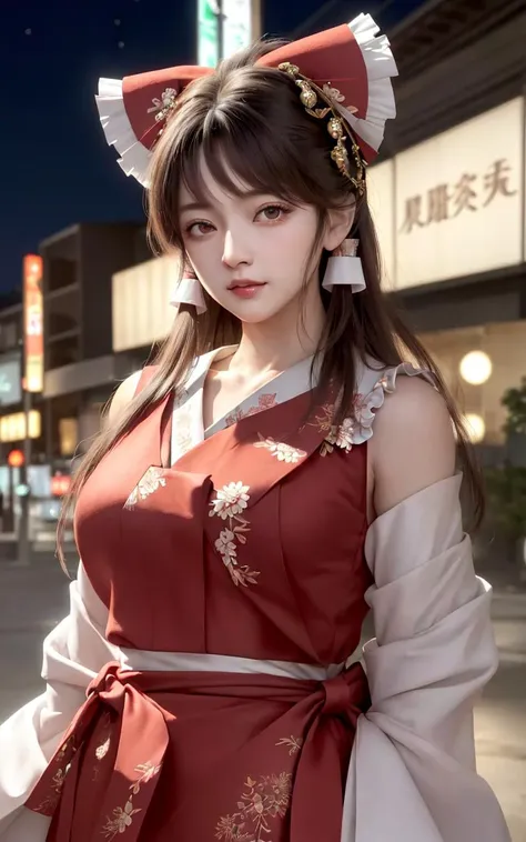 (masterpiece, best quality, ultra-detailed, highres:1.2), cinematic, cgi, photorealistic, 
1girl, pretty, idol, (Hakurei Reimu:1.25), blush, natural skin texture, brown eyes, 
intricate eyes, heavy eye makeup, posture, fighting, danmaku, magic, stylish clothes, dress, 
highly detailed background, cyberpunk, city, street, night, stars, modern, futuristic, neon lights,