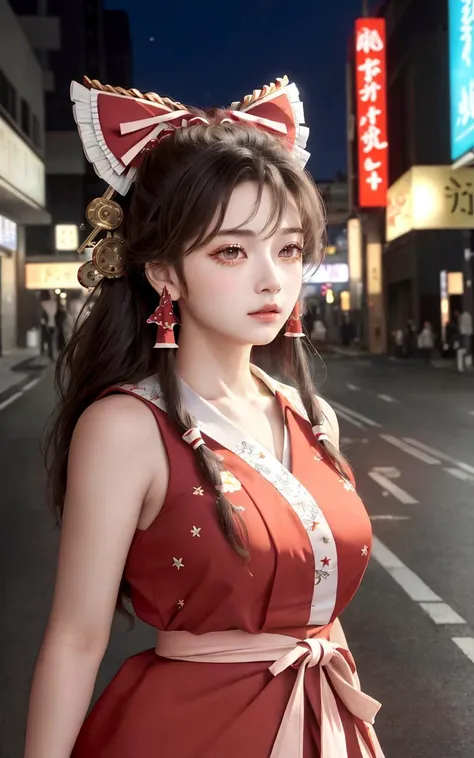 (masterpiece, best quality, ultra-detailed, highres:1.2), cinematic, cgi, photorealistic,
1girl, pretty, idol, (Hakurei Reimu:1.25), blush, natural skin texture, brown eyes,
intricate eyes, heavy eye makeup, posture, fighting, danmaku, magic, stylish clothes, dress,
highly detailed background, cyberpunk, city, street, night, stars, modern, futuristic, neon lights,