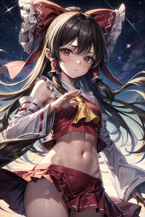 (masterpiece), best quality, highres, 4k, <lora:add_detail:0.6>,add detail,1girl, solo, <lyco:GoodHands-beta2:1.0>nice hands,
Hakurei Reimu, red skirt, red shirt, long sleeves, navel, bare shoulders, hair bow, frills, wide sleeves, detached sleeves, hair tubes, yellow ascot,flying, night sky, starry sky,
<lora:ReimuLORA:1>