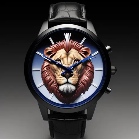 3D Packaging Design for Premium Watch Packaging with Exotic Animal Theme  Incorporate a lion logo into the design
   Clean and sophisticated text style  Use a black and white color palette with touches of red and blue  Volumetric light effects in the studio setting for an elegant presentation