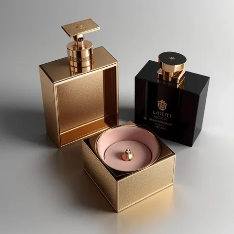 3D Packaging Design for High-End Perfume Luxury branding with a clean and sophisticated text style