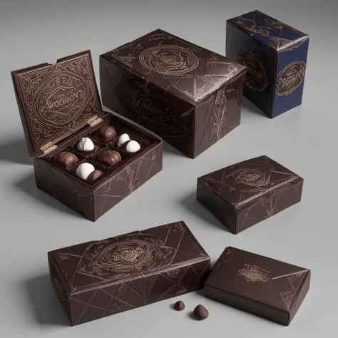 3D Packaging Design for Exclusive Chocolate Collection Packaging  Luxury branding with a clean text design
 Black and white color scheme with subtle hints of red and blue
  Feature a distinctive blue bird logo   Utilize volumetric light effects to highlight the exquisite details